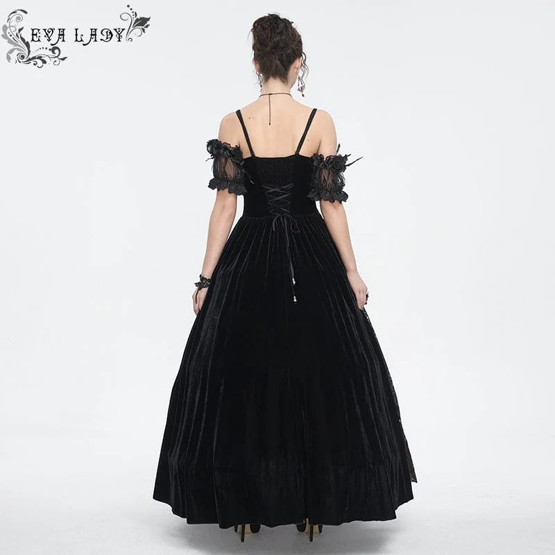 Schulterfreies Gothic-Hochzeitskleid aus Samt mit Rosenperlen und schwarzen Perlen für Damen