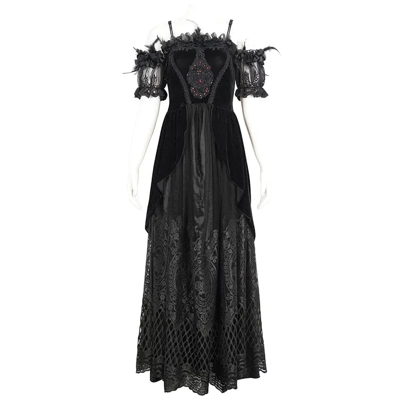 Schulterfreies Gothic-Hochzeitskleid aus Samt mit Rosenperlen und schwarzen Perlen für Damen