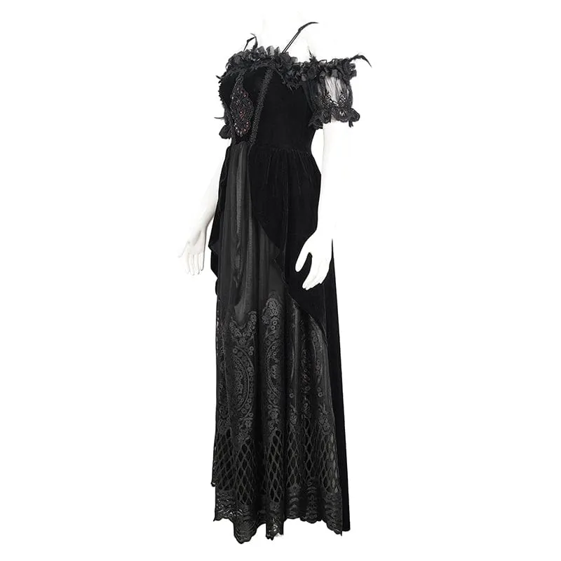 Schulterfreies Gothic-Hochzeitskleid aus Samt mit Rosenperlen und schwarzen Perlen für Damen