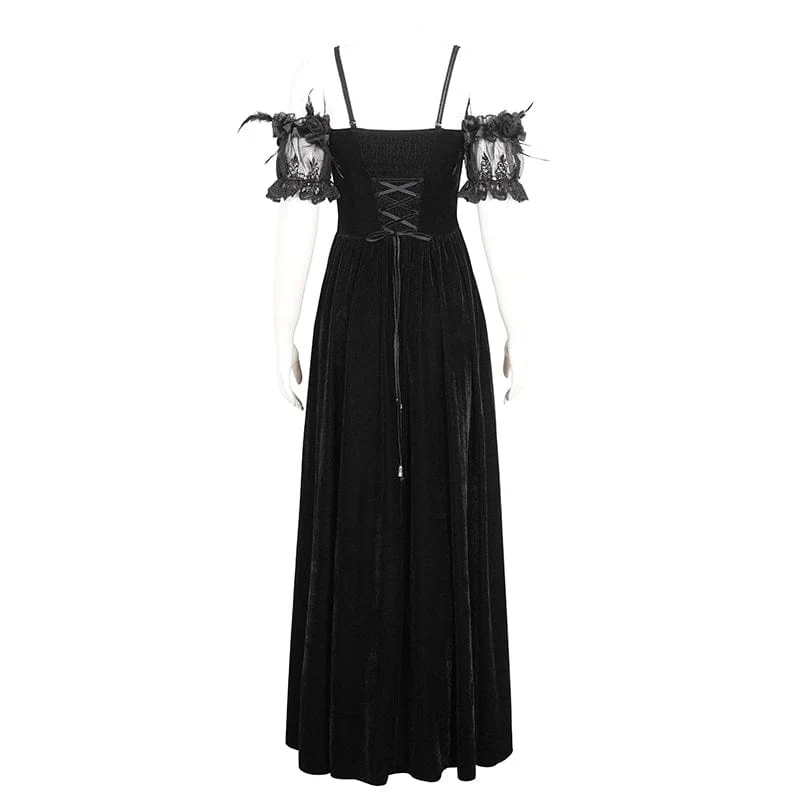 Schulterfreies Gothic-Hochzeitskleid aus Samt mit Rosenperlen und schwarzen Perlen für Damen