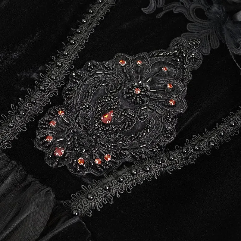 Schulterfreies Gothic-Hochzeitskleid aus Samt mit Rosenperlen und schwarzen Perlen für Damen