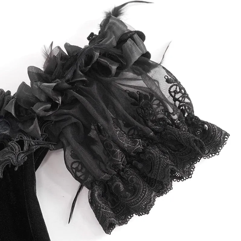 Schulterfreies Gothic-Hochzeitskleid aus Samt mit Rosenperlen und schwarzen Perlen für Damen