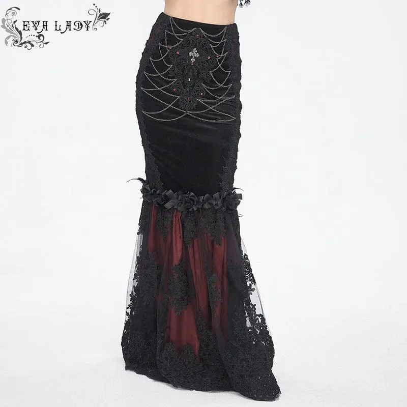 Roter Gothic-Fischschwanzrock mit Blumenstickerei und Spitzenspleiß für Damen