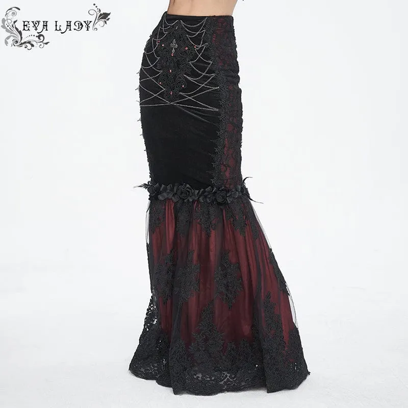 Roter Gothic-Fischschwanzrock mit Blumenstickerei und Spitzenspleiß für Damen