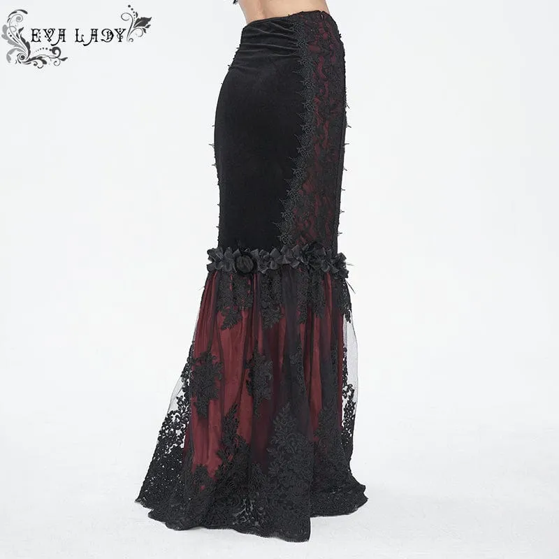 Roter Gothic-Fischschwanzrock mit Blumenstickerei und Spitzenspleiß für Damen