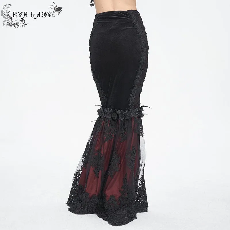 Roter Gothic-Fischschwanzrock mit Blumenstickerei und Spitzenspleiß für Damen