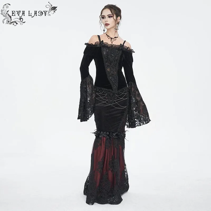 Roter Gothic-Fischschwanzrock mit Blumenstickerei und Spitzenspleiß für Damen