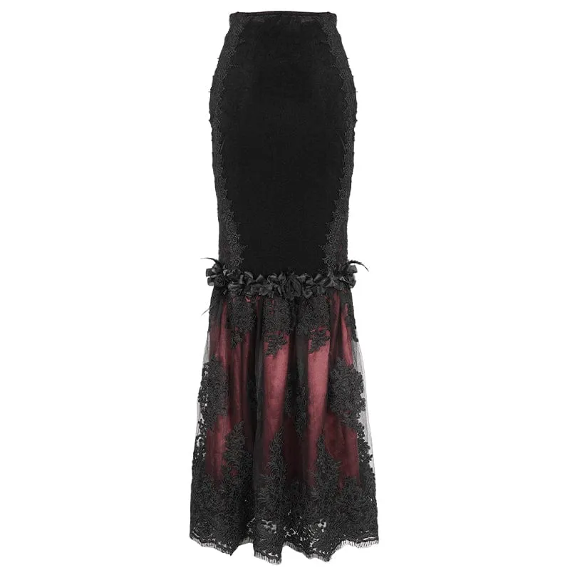 Roter Gothic-Fischschwanzrock mit Blumenstickerei und Spitzenspleiß für Damen