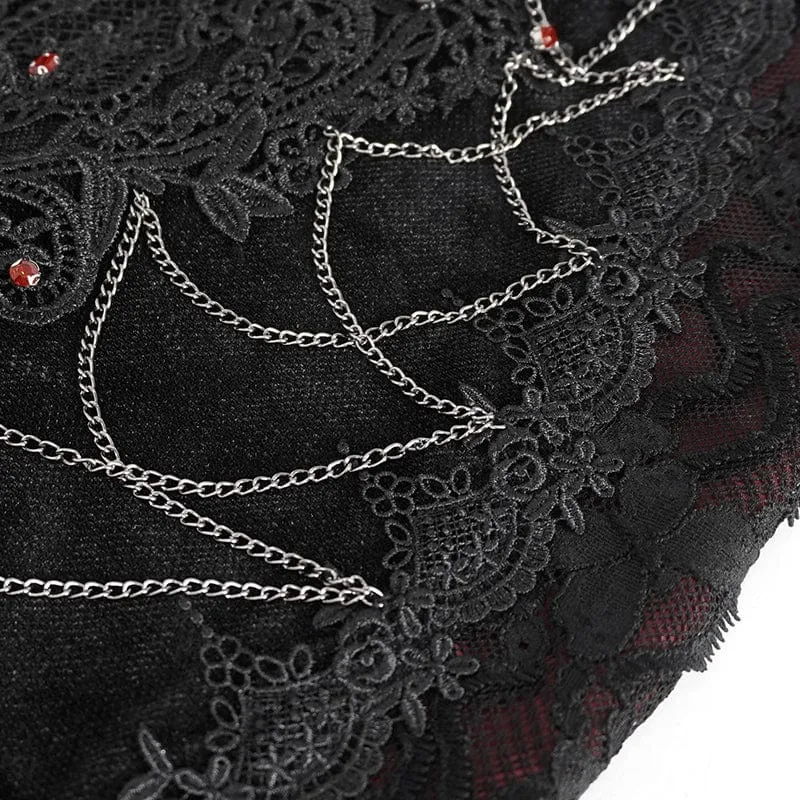 Roter Gothic-Fischschwanzrock mit Blumenstickerei und Spitzenspleiß für Damen