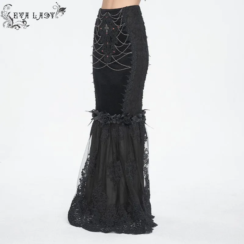 Schwarzer Gothic-Fischschwanzrock mit Blumenstickerei und Spitzenspleiß für Damen