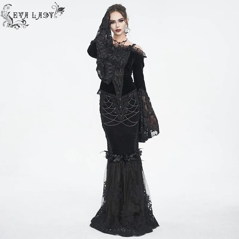 Schwarzer Gothic-Fischschwanzrock mit Blumenstickerei und Spitzenspleiß für Damen