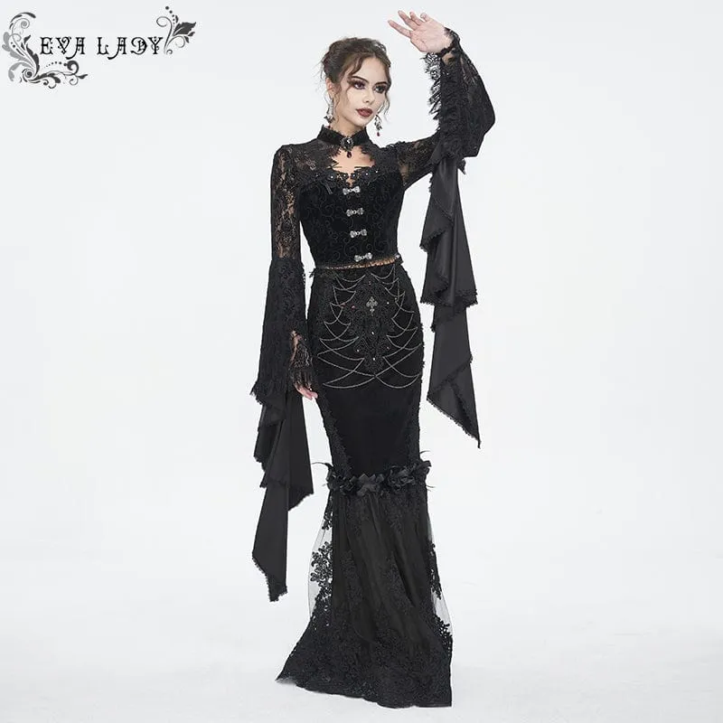 Schwarzer Gothic-Fischschwanzrock mit Blumenstickerei und Spitzenspleiß für Damen