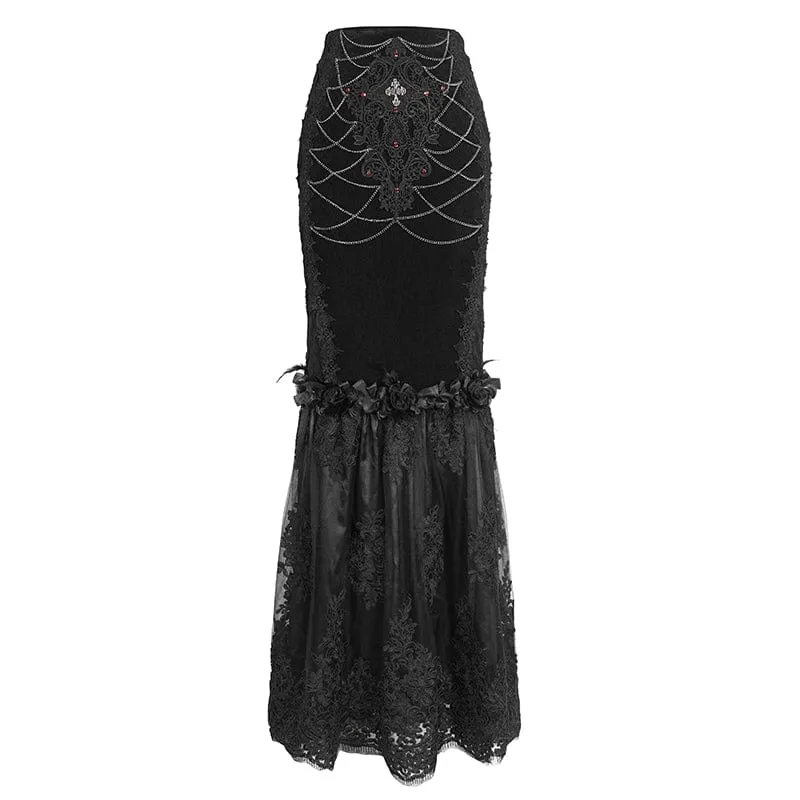 Schwarzer Gothic-Fischschwanzrock mit Blumenstickerei und Spitzenspleiß für Damen