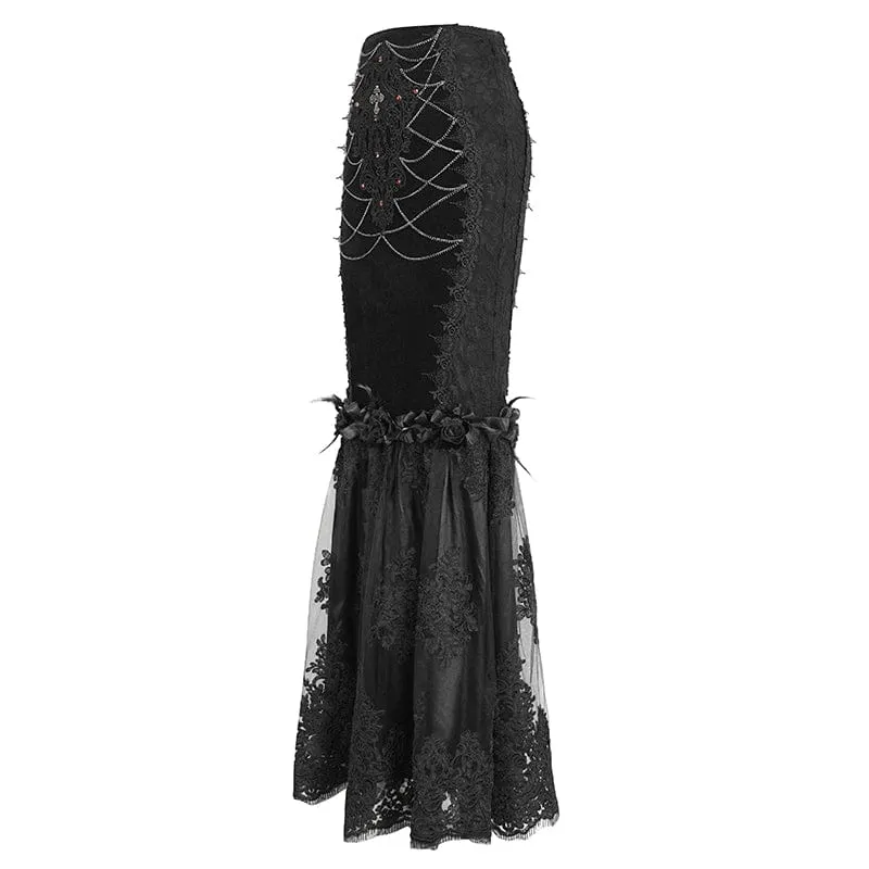 Schwarzer Gothic-Fischschwanzrock mit Blumenstickerei und Spitzenspleiß für Damen