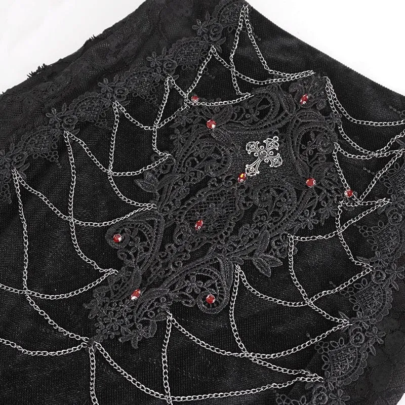 Schwarzer Gothic-Fischschwanzrock mit Blumenstickerei und Spitzenspleiß für Damen