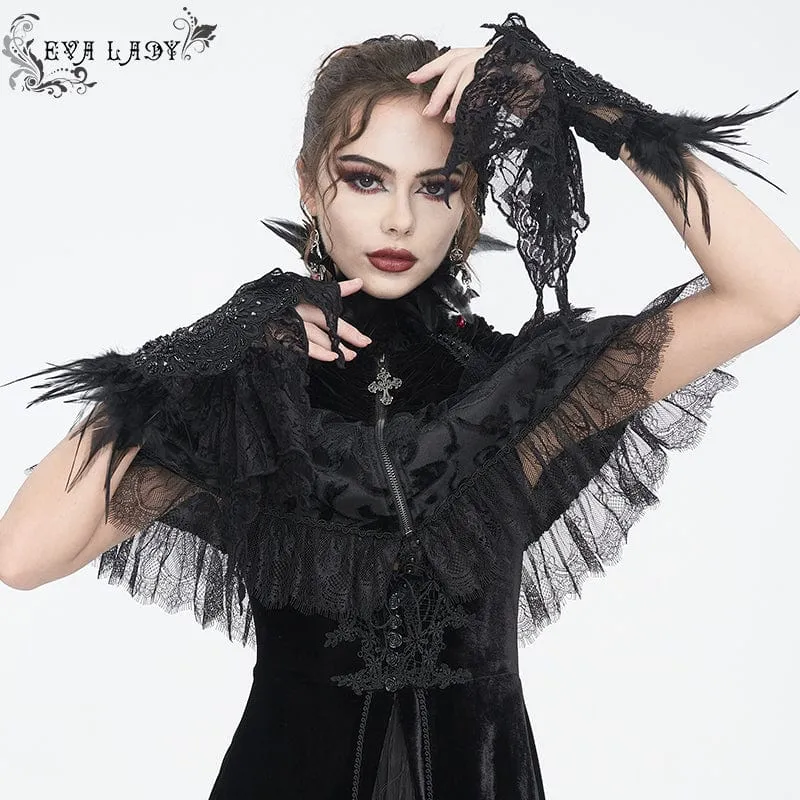 Damen-Handschuhe aus schwarzer Spitze mit unregelmäßigen Federn und Perlen im Gothic-Stil