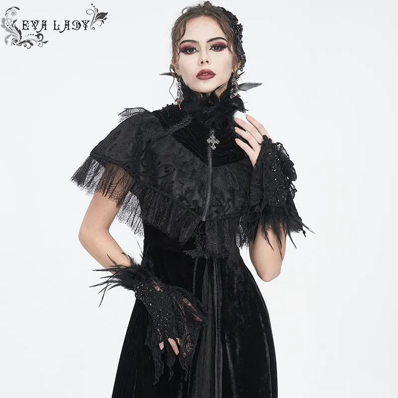 Damen-Handschuhe aus schwarzer Spitze mit unregelmäßigen Federn und Perlen im Gothic-Stil