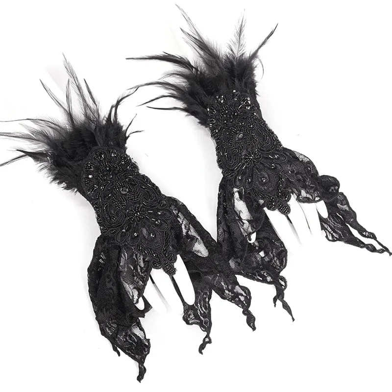 Damen-Handschuhe aus schwarzer Spitze mit unregelmäßigen Federn und Perlen im Gothic-Stil