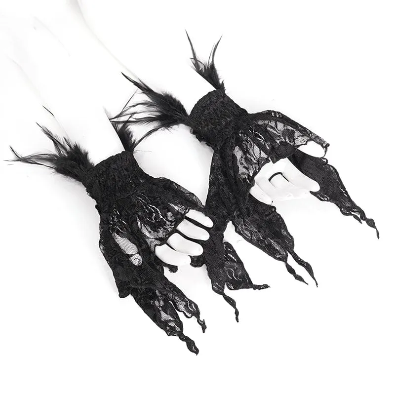 Damen-Handschuhe aus schwarzer Spitze mit unregelmäßigen Federn und Perlen im Gothic-Stil