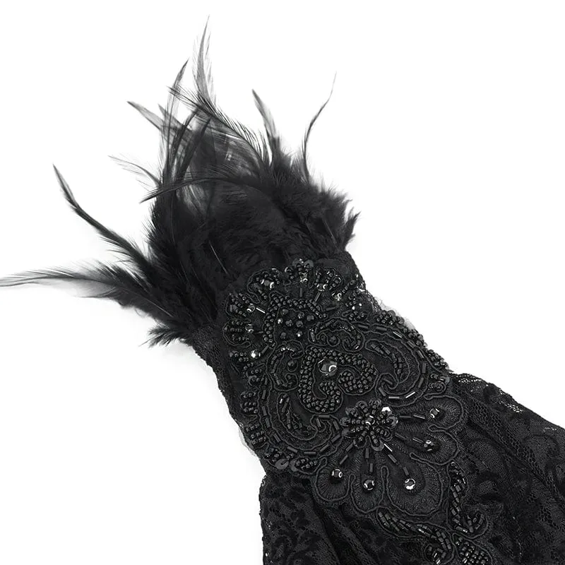 Damen-Handschuhe aus schwarzer Spitze mit unregelmäßigen Federn und Perlen im Gothic-Stil