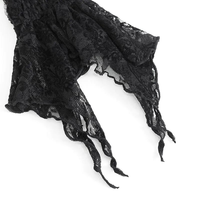 Damen-Handschuhe aus schwarzer Spitze mit unregelmäßigen Federn und Perlen im Gothic-Stil