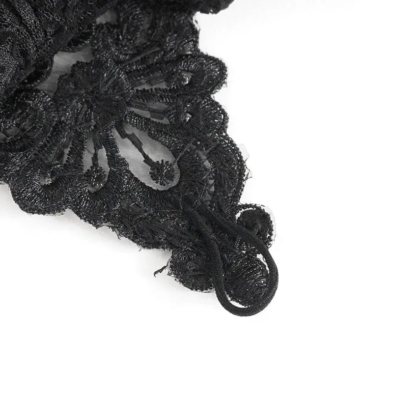 Damen-Handschuhe aus schwarzer Spitze mit unregelmäßigen Federn und Perlen im Gothic-Stil