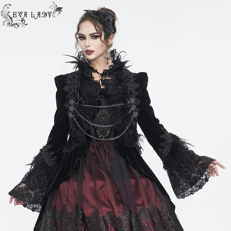 Damen-Gothic-Jacke mit Stehkragen, Blumenstickerei und Federn