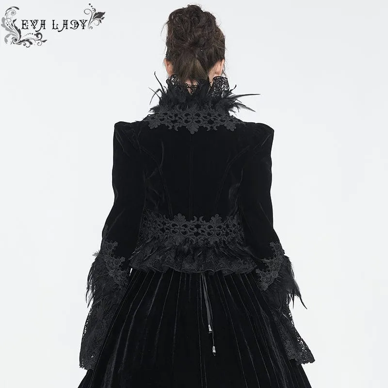 Damen-Gothic-Jacke mit Stehkragen, Blumenstickerei und Federn