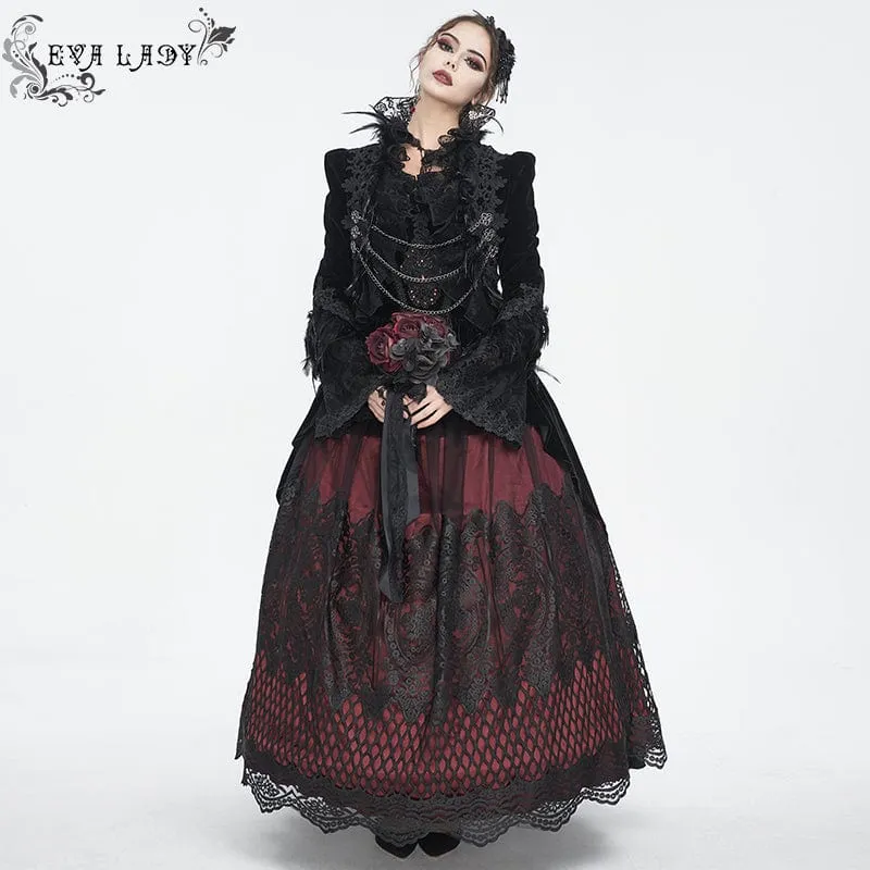 Damen-Gothic-Jacke mit Stehkragen, Blumenstickerei und Federn