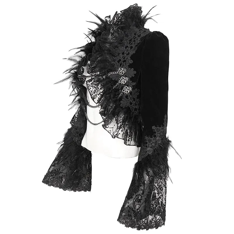 Damen-Gothic-Jacke mit Stehkragen, Blumenstickerei und Federn