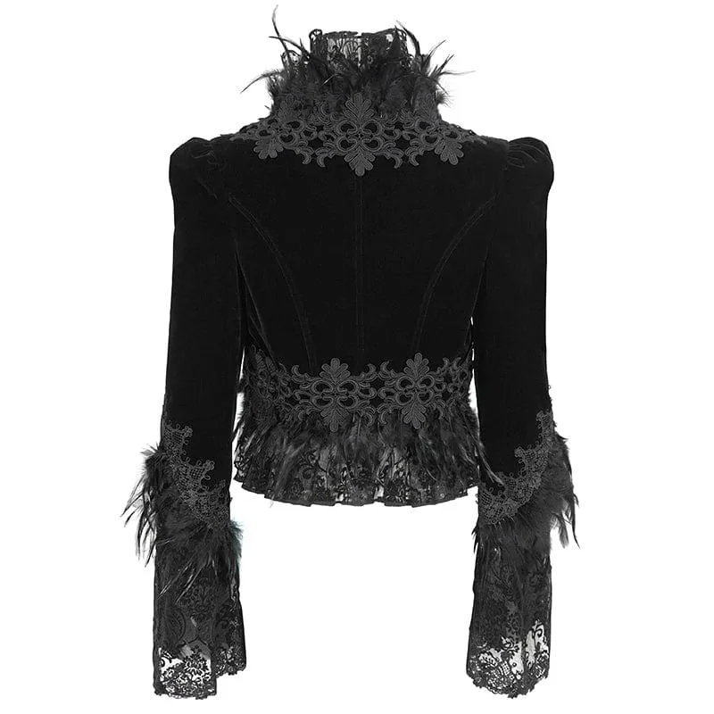 Damen-Gothic-Jacke mit Stehkragen, Blumenstickerei und Federn