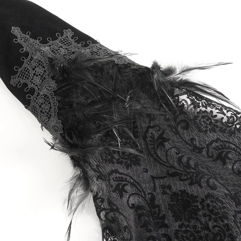 Damen-Gothic-Jacke mit Stehkragen, Blumenstickerei und Federn