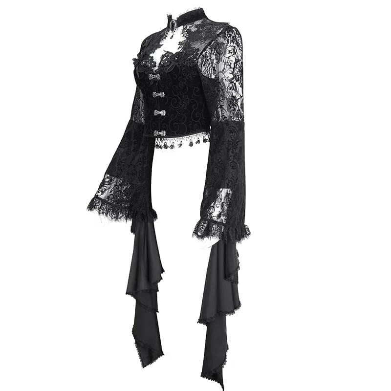 Gothic-Spitze-Spleißhemd mit ausgestellten Ärmeln für Damen