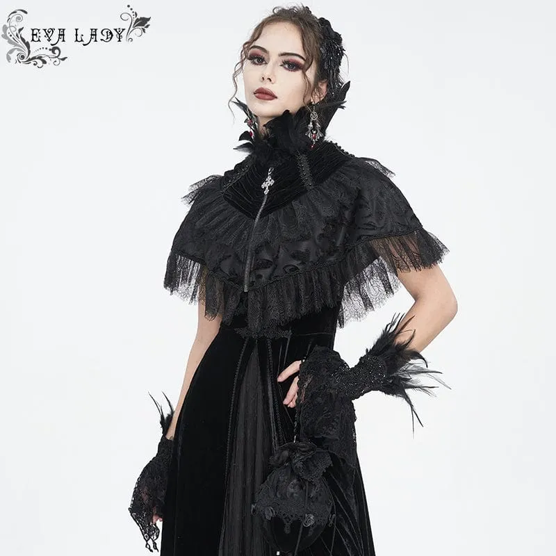 Gothic-Umhang aus Samt mit Spitzenspleiß und Federn für Damen