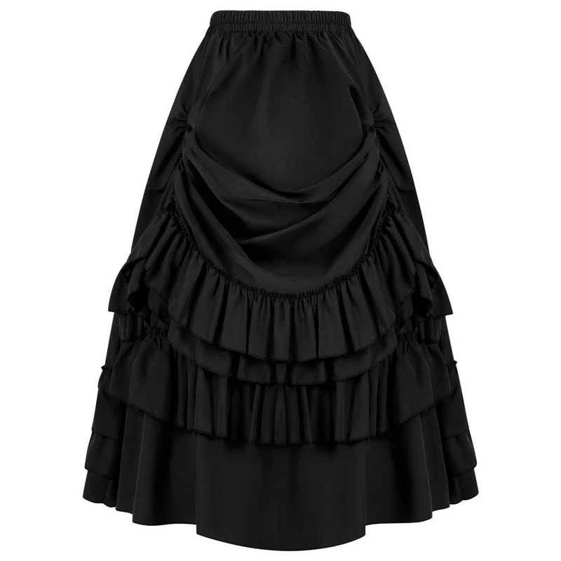 Langer, geschichteter, gerüschter Gothic-Faltenrock für Damen