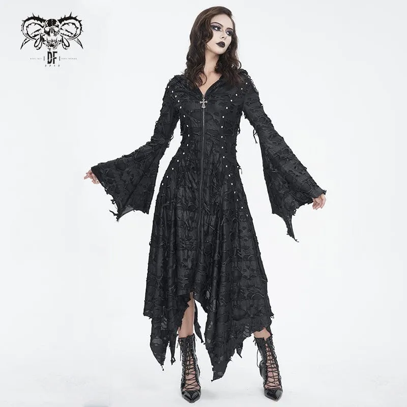 Damen-Gothic-Kleid mit unregelmäßigem, zerrissenem, langärmligem Saum und Kapuze