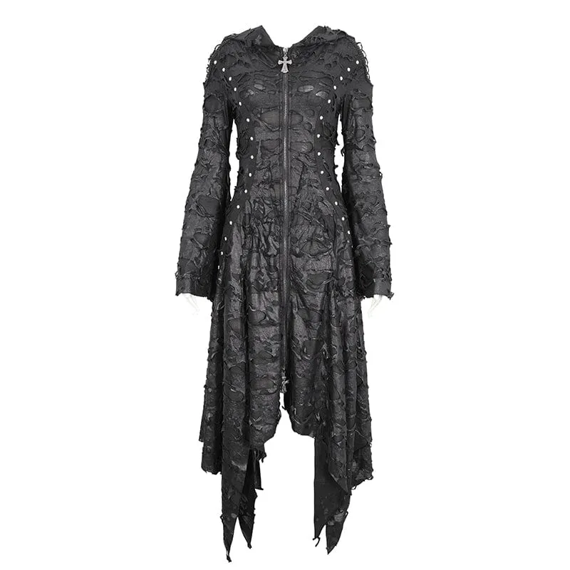 Damen-Gothic-Kleid mit unregelmäßigem, zerrissenem, langärmligem Saum und Kapuze
