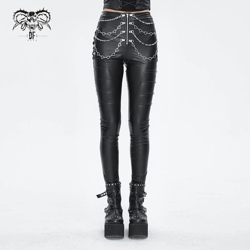 Damen-Punk-Hose aus Kunstleder mit Kettennieten