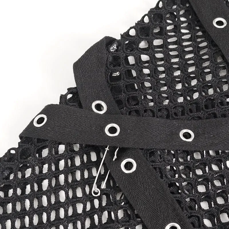Damen-Shorts mit Punk-Mesh-Ausschnitt, Schnalle und Nieten