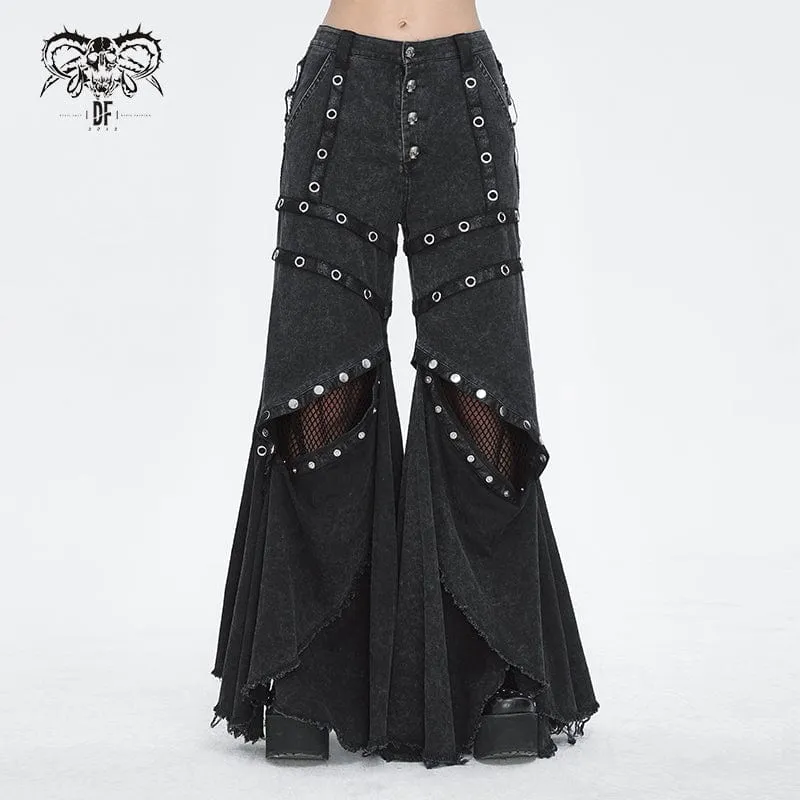 Damen-Punk-Mesh-Ösen-Rüschen-Schlaghose