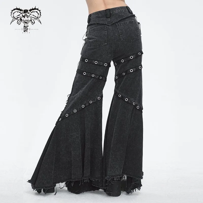 Damen-Punk-Mesh-Ösen-Rüschen-Schlaghose