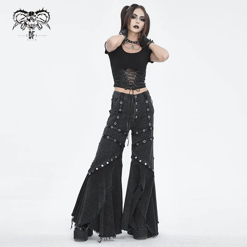 Damen-Punk-Mesh-Ösen-Rüschen-Schlaghose