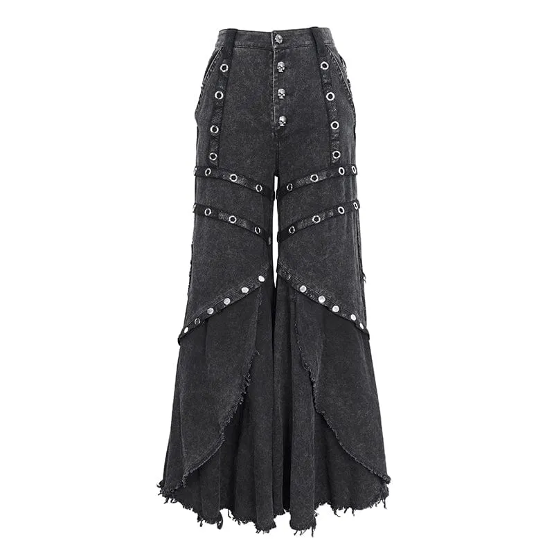 Damen-Punk-Mesh-Ösen-Rüschen-Schlaghose