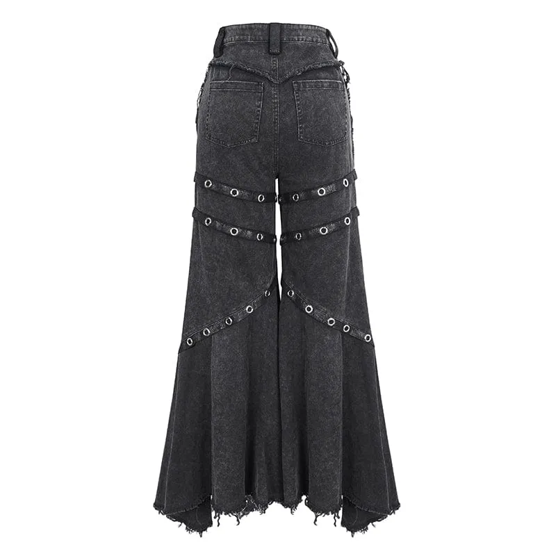 Damen-Punk-Mesh-Ösen-Rüschen-Schlaghose