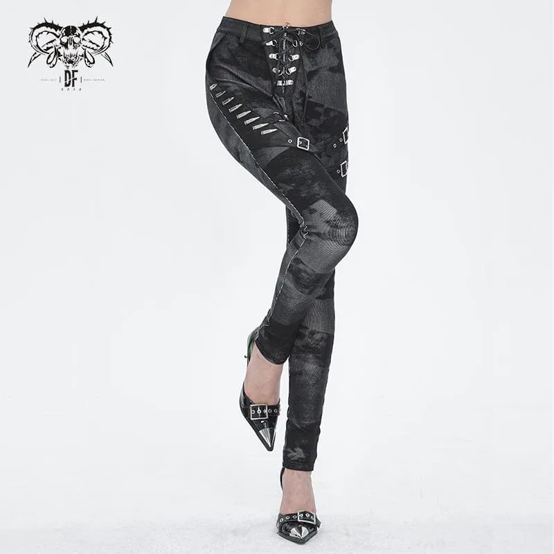 Punk-Schnürleggings mit Batik-Schnalle für Damen in Schwarz