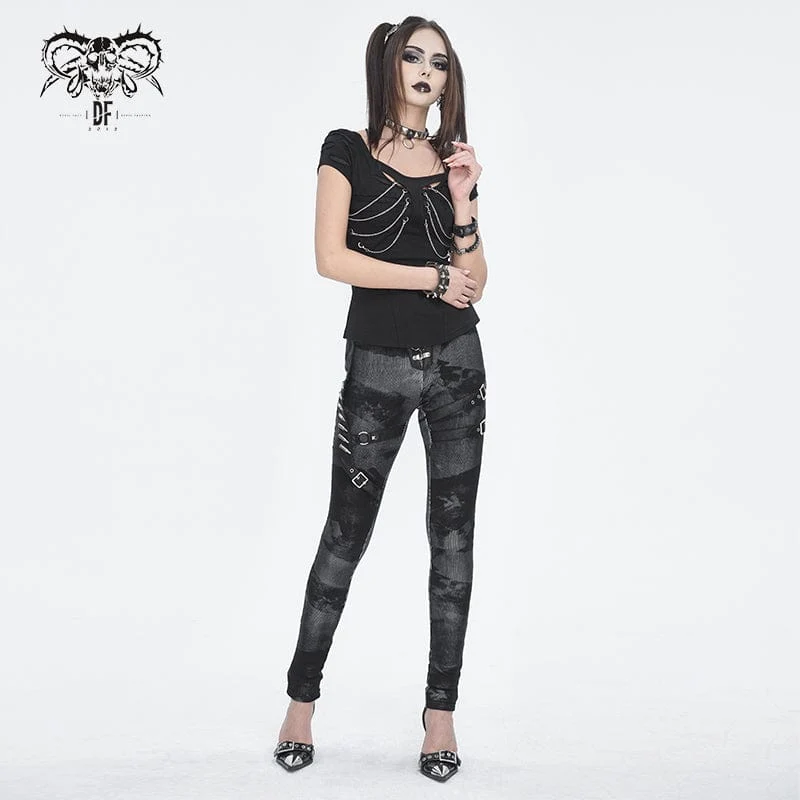 Punk-Schnürleggings mit Batik-Schnalle für Damen in Schwarz