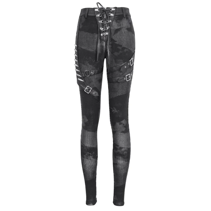 Punk-Schnürleggings mit Batik-Schnalle für Damen in Schwarz