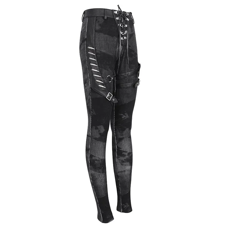 Punk-Schnürleggings mit Batik-Schnalle für Damen in Schwarz