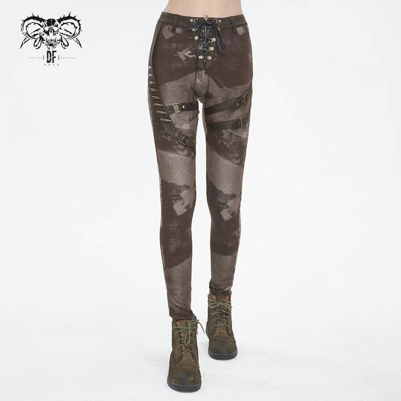 Punk-Schnürleggings mit Batik-Schnalle für Damen in Kaffeebraun