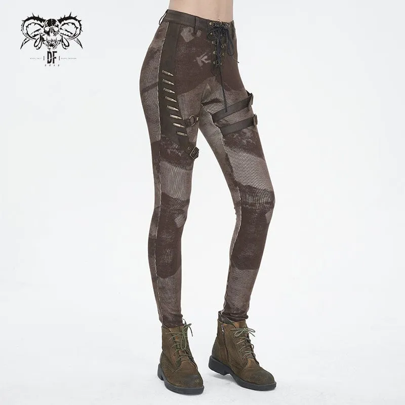 Punk-Schnürleggings mit Batik-Schnalle für Damen in Kaffeebraun